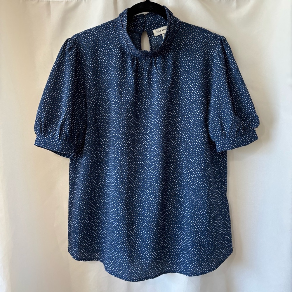 Faith and Joy High Neck Summer Boho Navy Blue Polka Dot Top